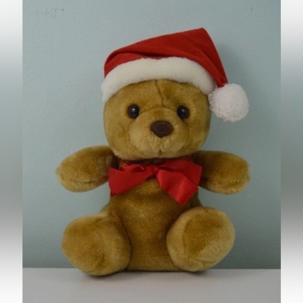 Vintage Sasco Teddy Bear Plush Stuffed Animal Toy Santa Hat Red Bow 9"